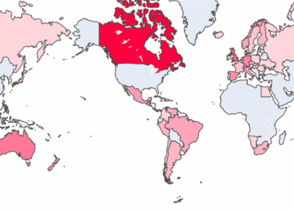 A world map with areas where international NCAA gymnasts are from in pink