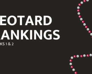 Leotard Rankings Weeks 1 and 2 text on black background with red and white design