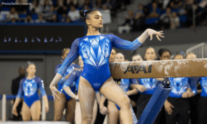 Tiana Sumanasekera prepares to mount the beam.