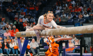 Clemson's Emma Malewski competes on the beam against BYU in March 2026