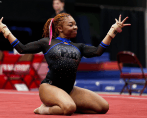 Pitt's McKenzie Clark performs on the floor exercise in a dual against Stanford in February 2026