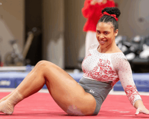 JJ Coleman poses on the floor during her routine.