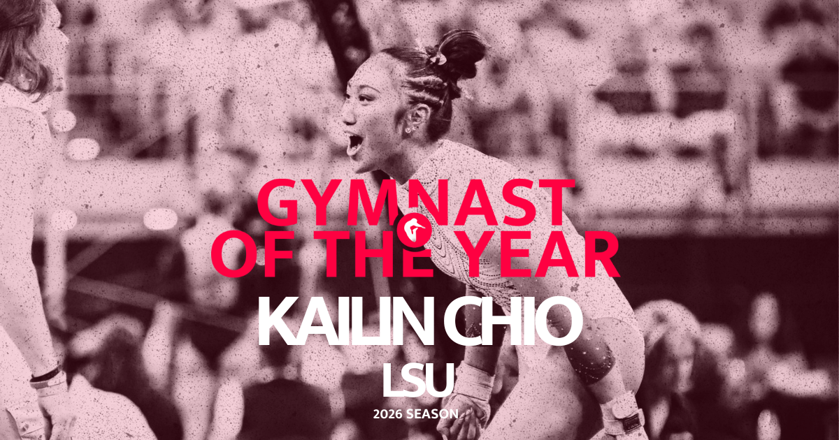 [Gymnast of the Year Kailin Chio LSU] against background picture of Chio. 