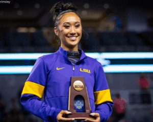 LSU's Kailin Chio celebrates receiving an individual award at the 2025 NCAA Women's Gymnastics Championships