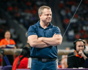 BYU Gymnastics head coach Guard Young in a competition against Clemson in 2026