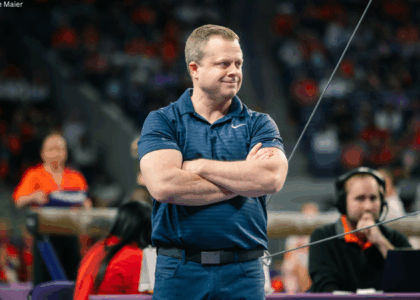 BYU Gymnastics head coach Guard Young in a competition against Clemson in 2026