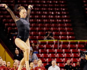 Arizona's Abigayle Martin competes on the balance beam at the 2026 NCAA Women's Gymnastics Tempe Regional