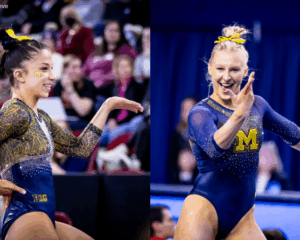 A side by side of Reyna Guggino and Carly Bauman, both wearning blue and yellow Michigan leos