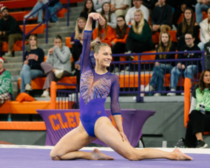 Ella Cesario poses during her floor routine.