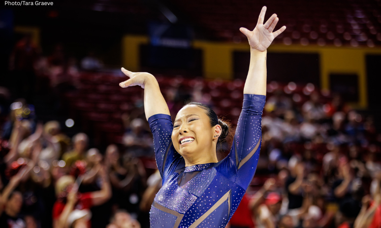 Abbey Scanlon emotionally salutes after her final beam routine.