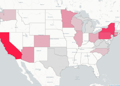 Screenshot of a U.S. map shaded in varying shades of pink for the "Geography of Gymnastics: In-State Incoming Freshmen" feature. States are colored from light to dark pink to represent the relative number of incoming NCAA gymnastics freshmen competing in their home state, with darker shades indicating more athletes. California, New York, and Pennsylvania are among the darkest-shaded states, while several other states across the Midwest, Northeast, and West are shaded lighter. Most states remain unshaded.