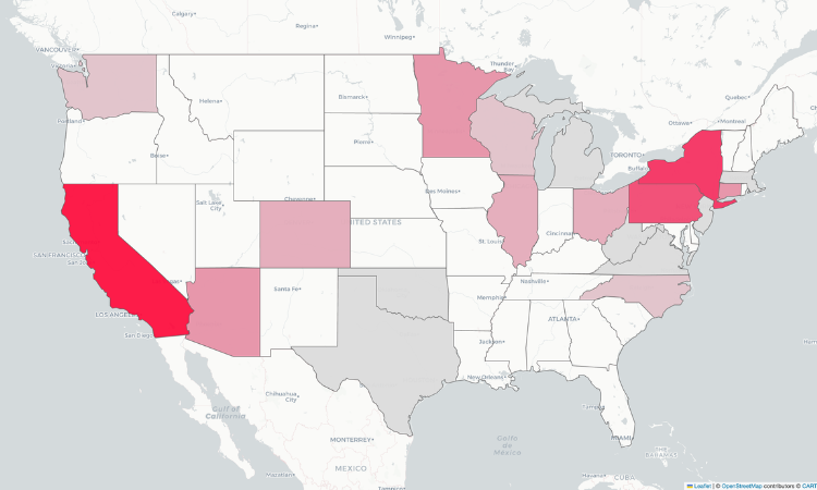 Screenshot of a U.S. map shaded in varying shades of pink for the "Geography of Gymnastics: In-State Incoming Freshmen" feature. States are colored from light to dark pink to represent the relative number of incoming NCAA gymnastics freshmen competing in their home state, with darker shades indicating more athletes. California, New York, and Pennsylvania are among the darkest-shaded states, while several other states across the Midwest, Northeast, and West are shaded lighter. Most states remain unshaded.